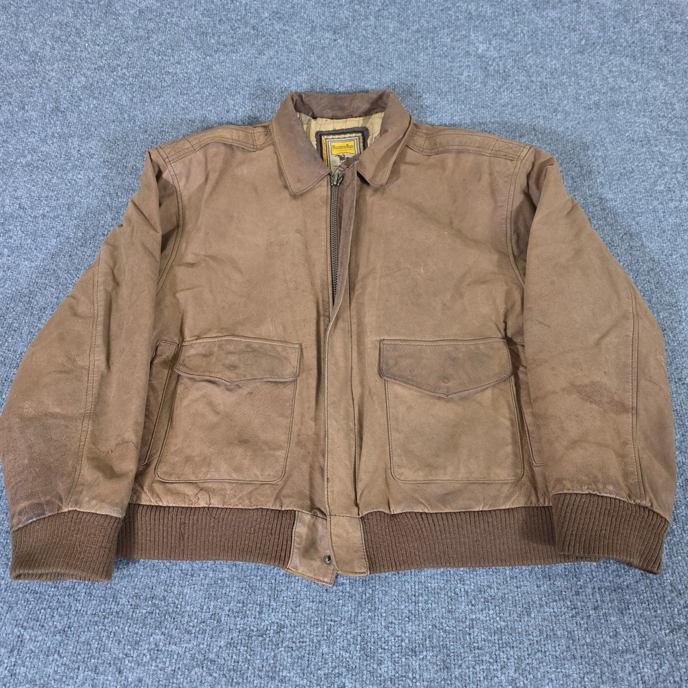 90s Hunters Run Brown Leather Bomber Jacket Vintage Map Print Lining Mens Med